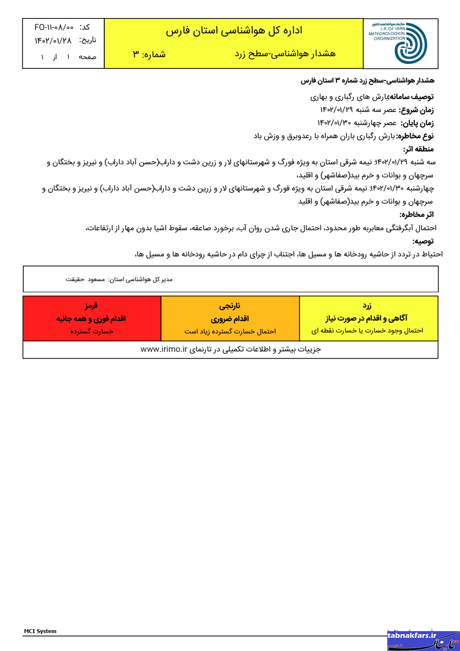هشدار هواشناسی فارس برای امروز و فردا